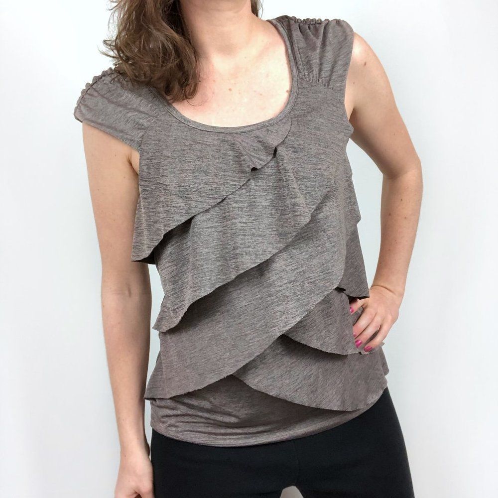 AB Studio Taupe Ruched Cap Sleeve Blouse Top